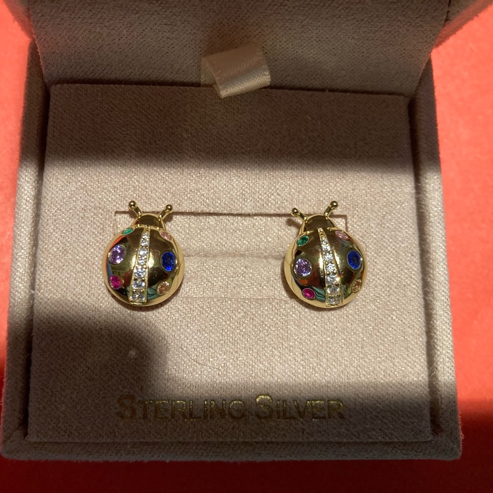 NWOT New never worn Gold Ladybug Earrings with Multicolor Stones Sterling Silver